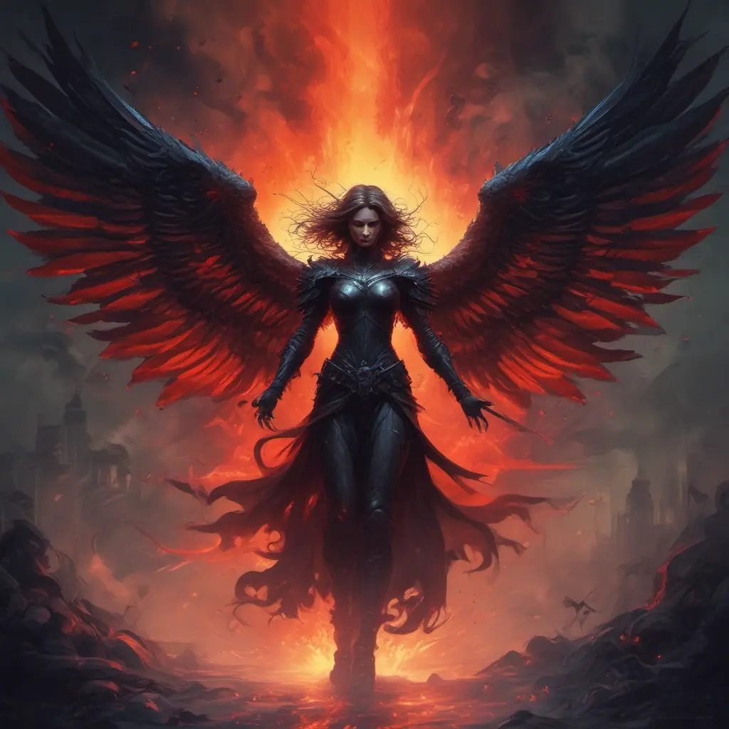 Dark Angel emerging from a firey fog of battle, ink splash, Highly Detailed, Vibrant Colors, Ink Art, Fantasy, Dark by Stanley Artgerm Lau