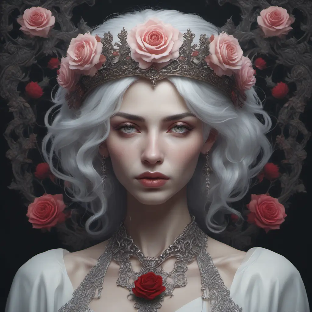 Alluring highly detailed matte portrait of a beautiful white haired vampire with a rose thorn crown in the style of Stefan Kostic, 8k, High Definition, Highly Detailed, Intricate, Half Body, Realistic, Sharp Focus, Fantasy, Elegant