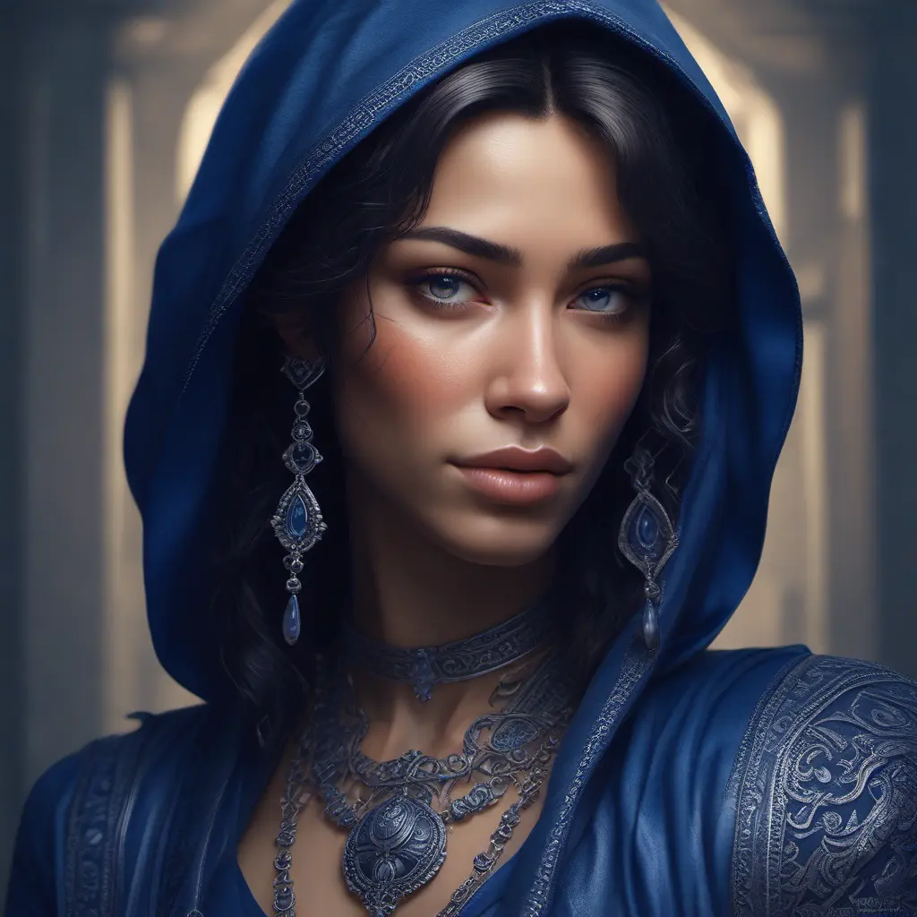 Matte portrait of the beautiful Samira in dark blue, 8k, Highly Detailed, Intricate, Realistic, Sharp Focus, Volumetric Lighting, Fantasy, Elegant by Stanley Artgerm Lau, WLOP, Stefan Kostic