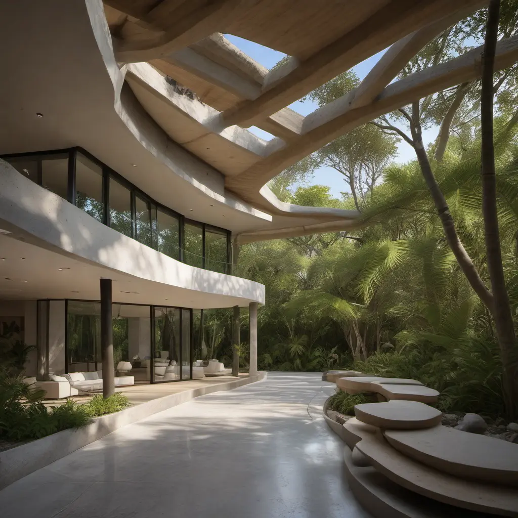 Envision a Zaha Hadid-styled, environmentally-conscious villa nestled within the bustling modern architecture of Tulum, Quintana Roo. As you approach from the entrance, the street view reveals a facade adorned with a vertical bamboo lattice, gracefully contrasting with the stone finish. Large overhangs hint at the interior's coolness, and the surrounding trees whisper tales of nature's embrace, Award-Winning, Intricate Details