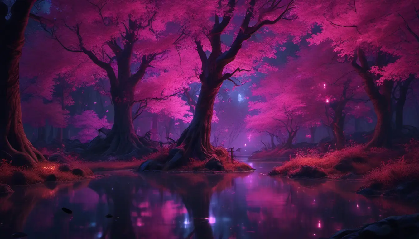 A magical pond in a fantasy forest with glowing pink trees at night, 4k, HQ, Intricate, Masterpiece, Artstation, Cinematic Lighting, Photo Realistic, Sharp Focus, Unreal Engine, Dark