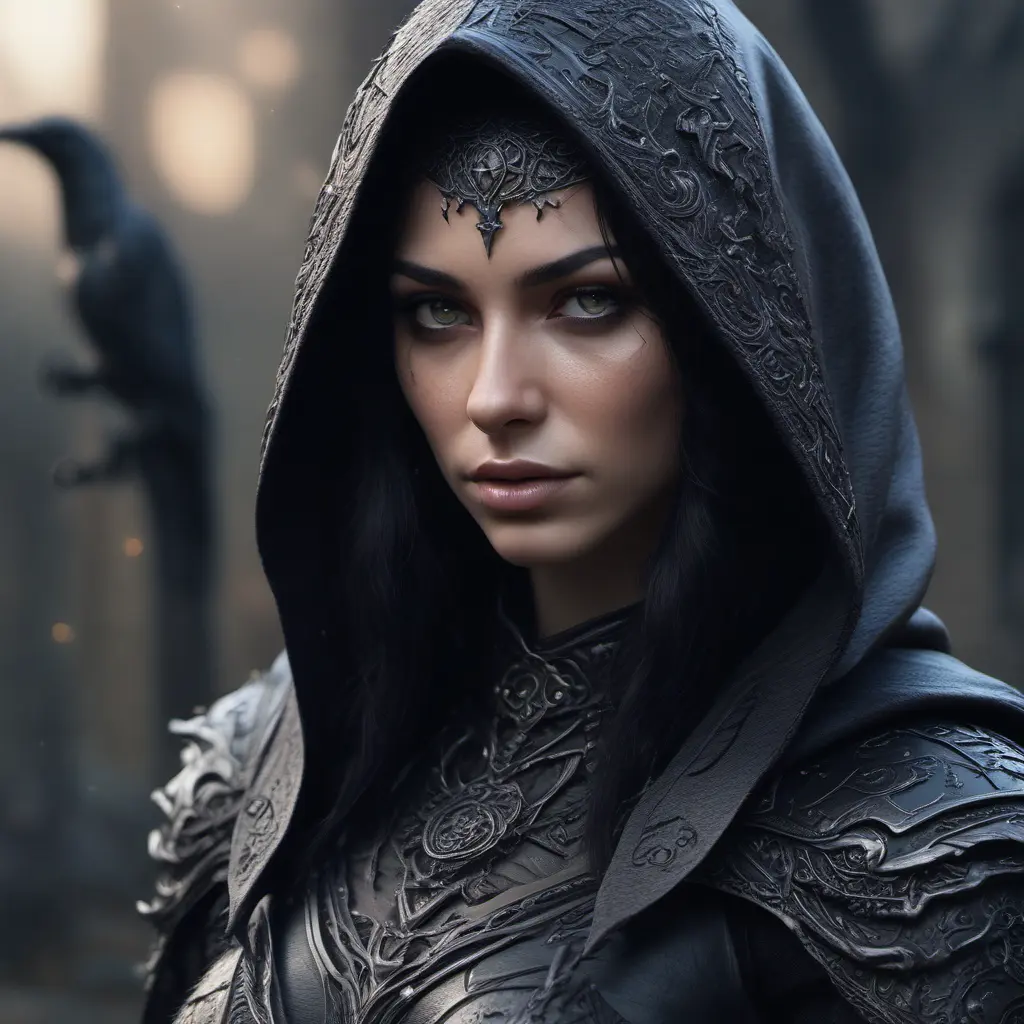 Intricate portrait of a horrifying pale assassin dusk elf, black hair, black eyes, fully covering black hooded armor, ravens, 8k, Gothic and Fantasy, Beautiful, Sci-Fi, Photo Realistic