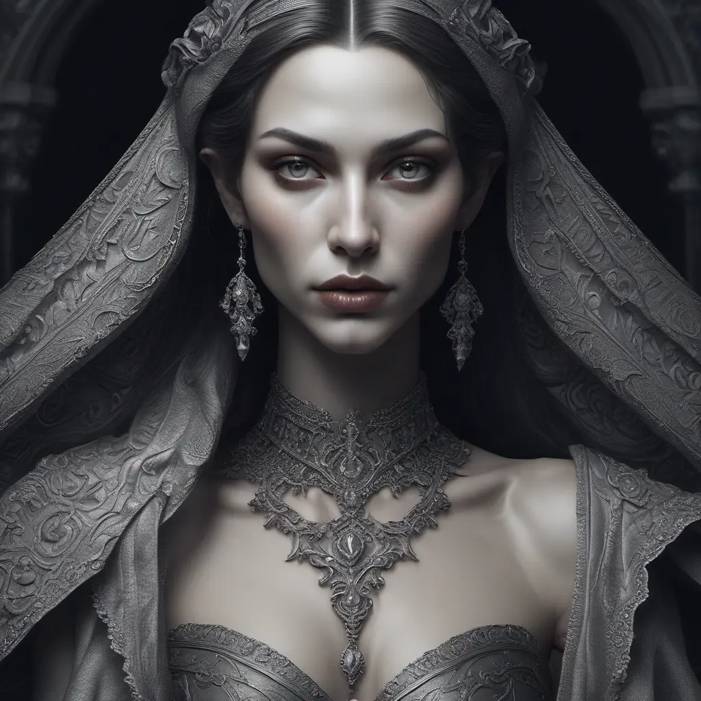 Alluring highly detailed matte portrait of a beautiful vampire in the style of Stefan Kostic, 8k, High Definition, Highly Detailed, Intricate, Half Body, Realistic, Sharp Focus, Fantasy, Elegant