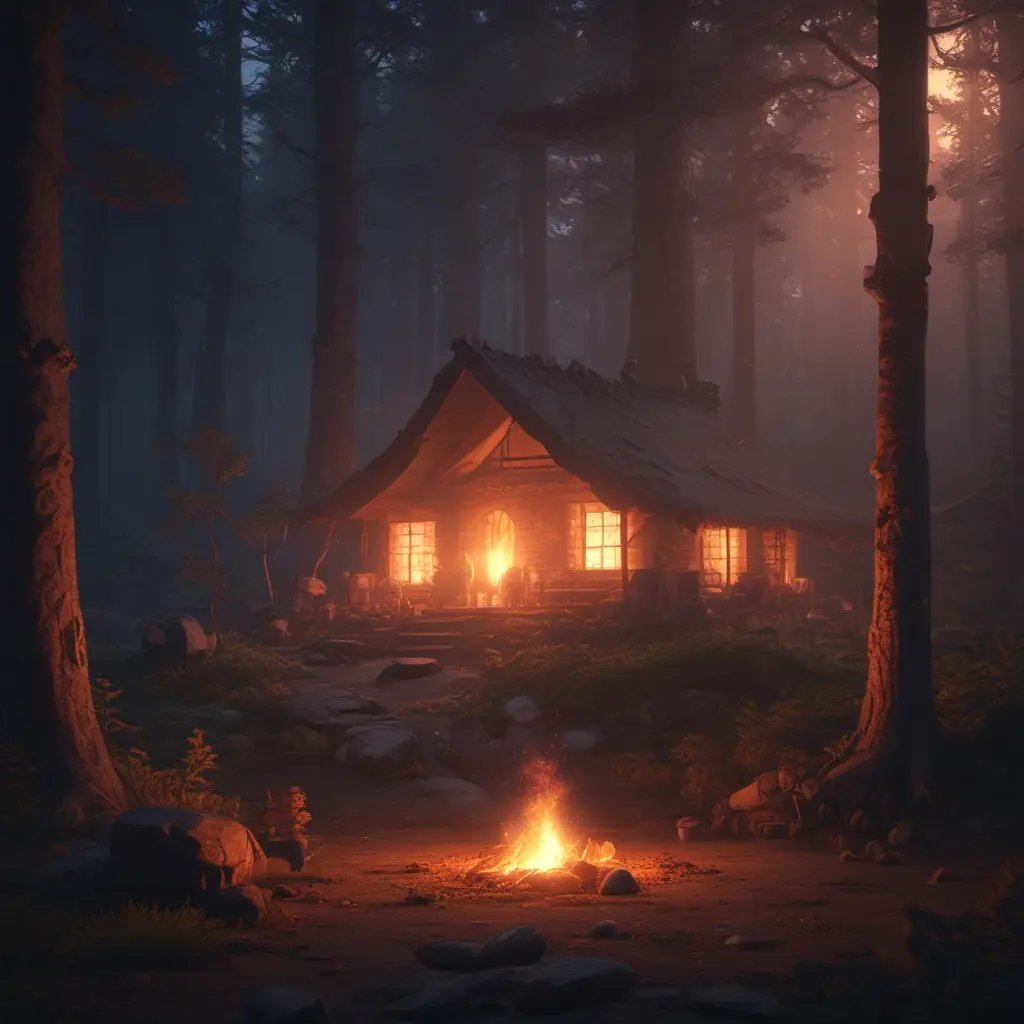 A highly detailed matte painting of a camp fire in the forest at night by studio ghibli, 4k resolution, Masterpiece, Trending on Artstation, Cyberpunk, Octane Render, Volumetric Lighting