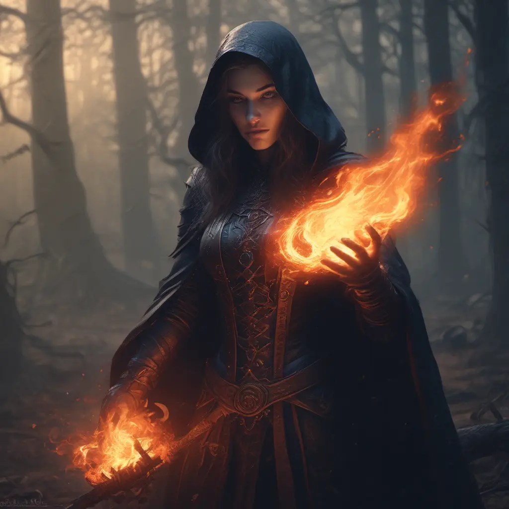 Fire mage in a haunted forest, Highly Detailed, Intricate, Gothic and Fantasy, Gothic, Volumetric Lighting, Fantasy, Dark by Stanley Artgerm Lau