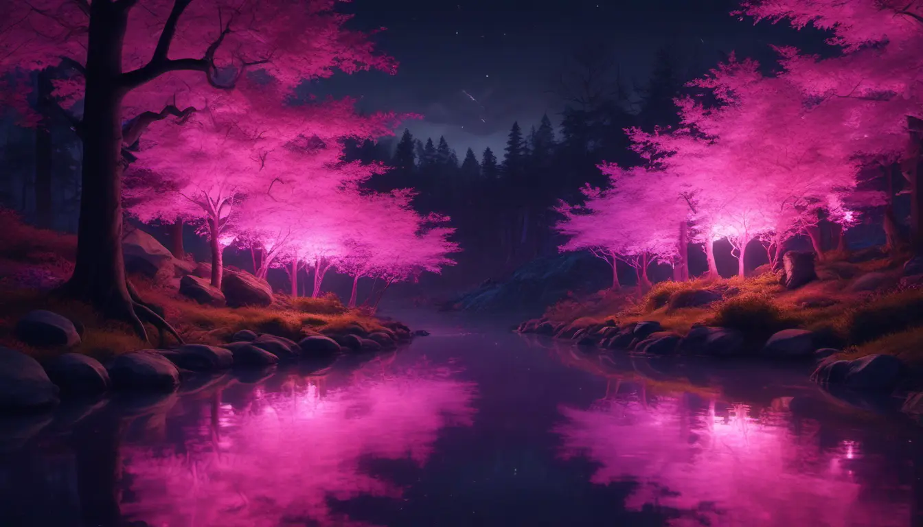 A magical pond in a fantasy forest with glowing pink trees at night, 4k, HQ, Intricate, Masterpiece, Artstation, Cinematic Lighting, Photo Realistic, Sharp Focus, Unreal Engine, Dark