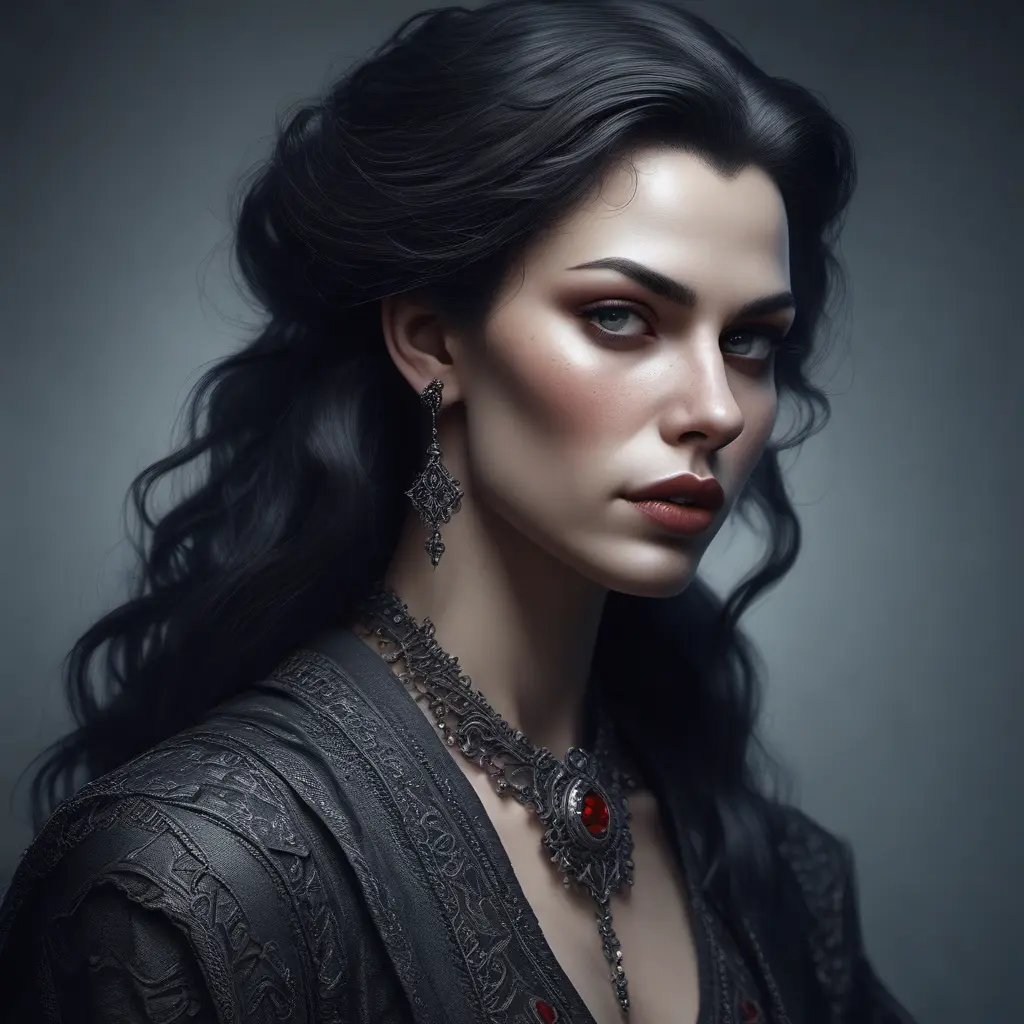 Alluring highly detailed matte portrait of a beautiful vampire in the style of Stefan Kostic, 8k, High Definition, Highly Detailed, Intricate, Half Body, Realistic, Sharp Focus, Fantasy, Elegant