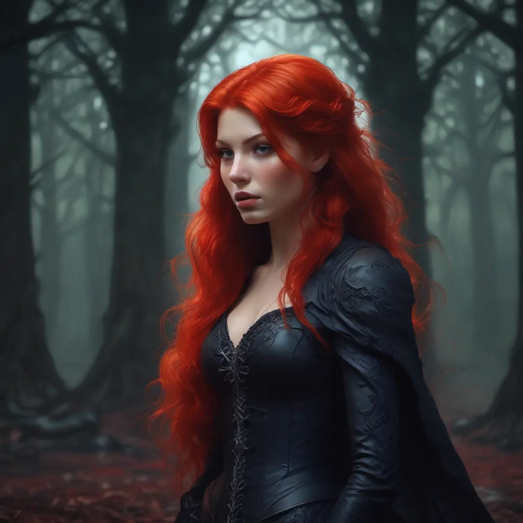 Red haired vampire in a haunted forest, Highly Detailed, Intricate, Gothic, Volumetric Lighting, Fantasy, Dark by Stanley Artgerm Lau