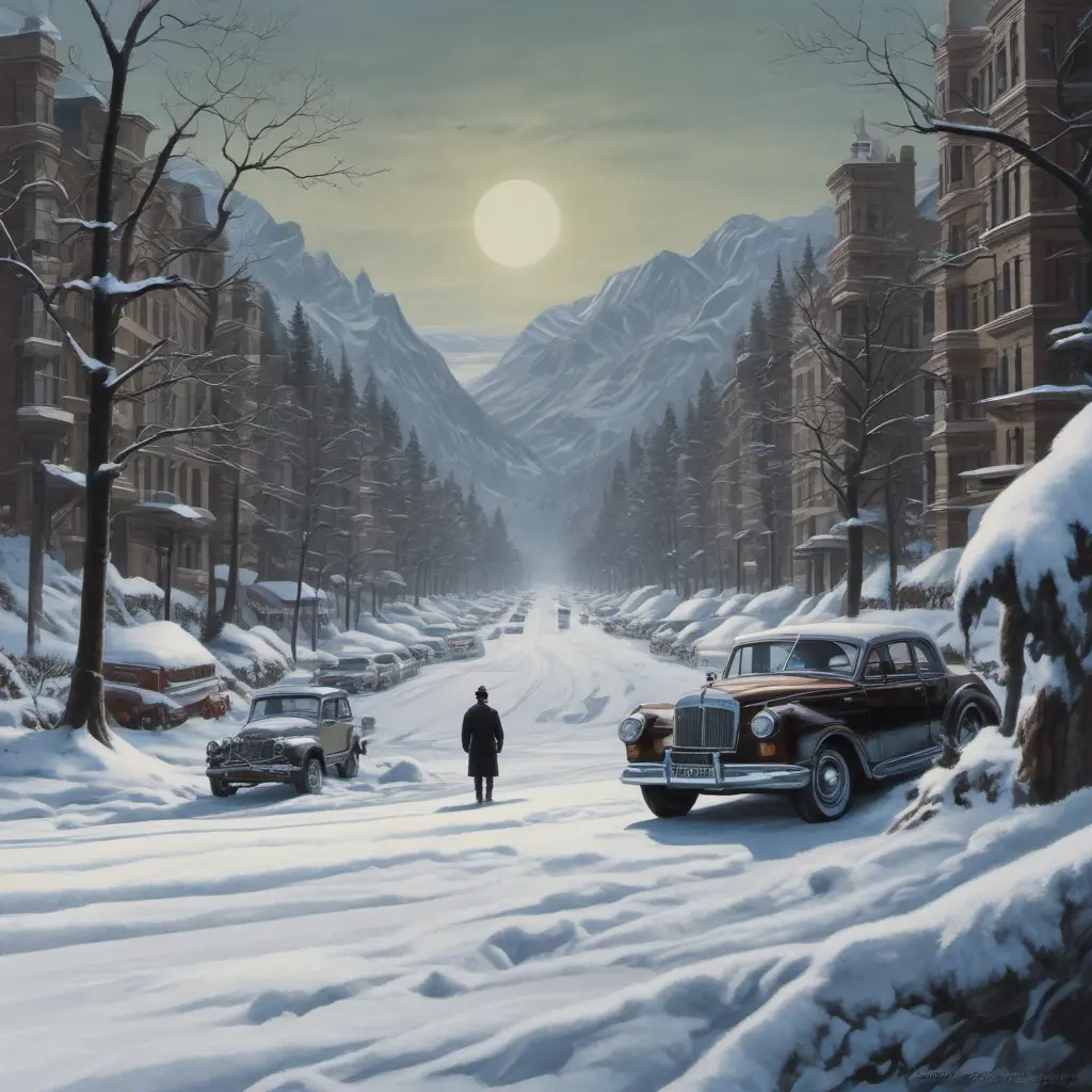 The scene in Hitchcock movie Vertigo, winter, Gouache painting, Highly Detailed, Intricate Details, Trending on Artstation, Winter, Sharp Focus, Gouache Painting by Greg Rutkowski