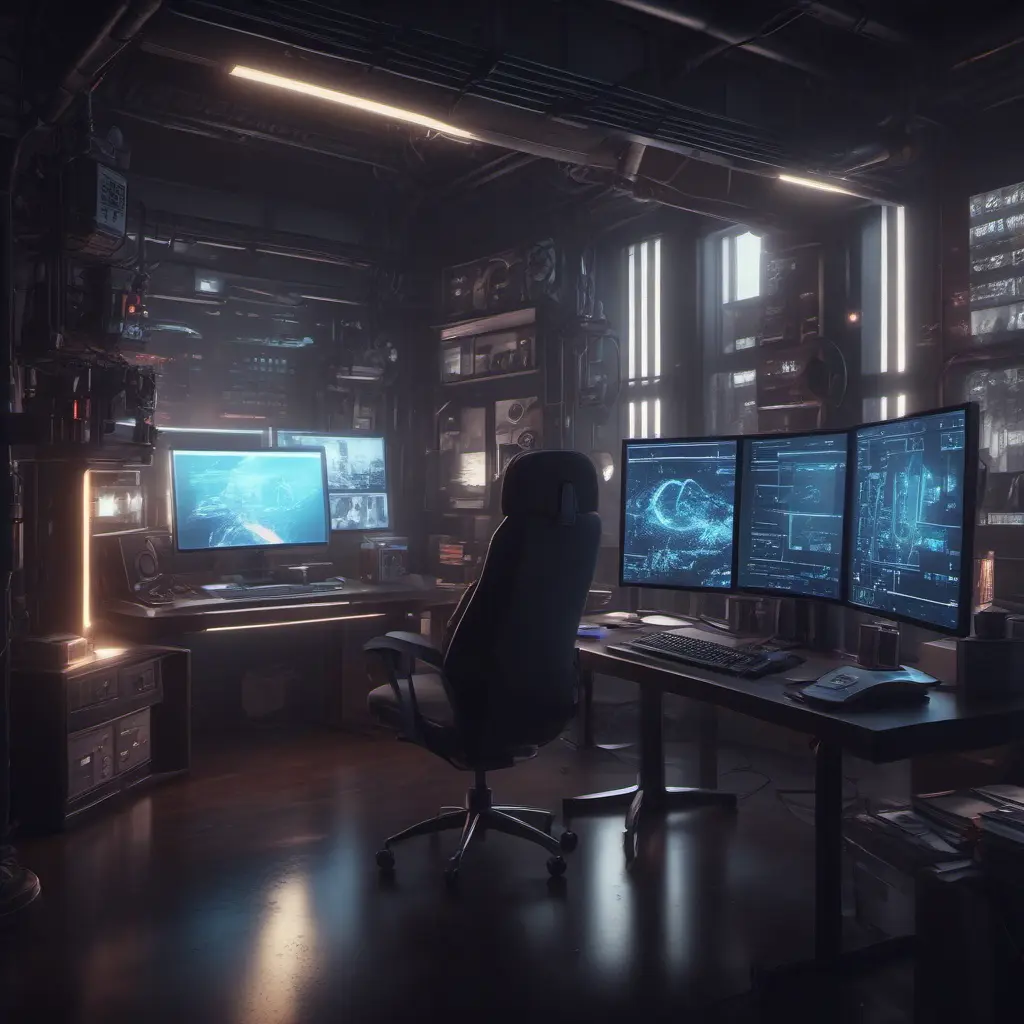 A dark industrial desk from the future with many monitors, Photo Realistic, Volumetric light effect, Octane Render, Unreal Engine, Ambient Occlusion, Maximalism, Industrial by Beeple