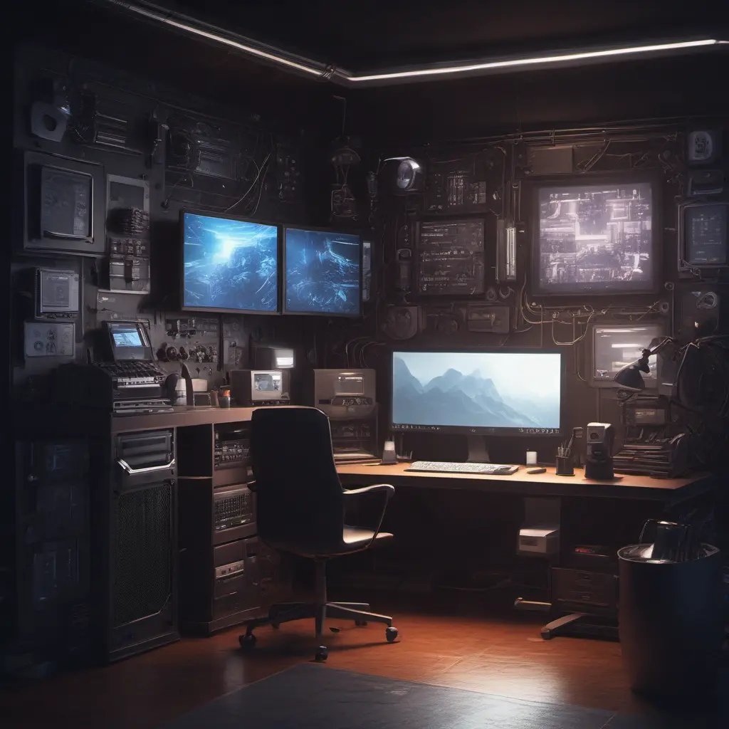 A dark industrial desk from the future with many monitors, Photo Realistic, Volumetric light effect, Octane Render, Unreal Engine, Ambient Occlusion, Maximalism, Industrial by Beeple