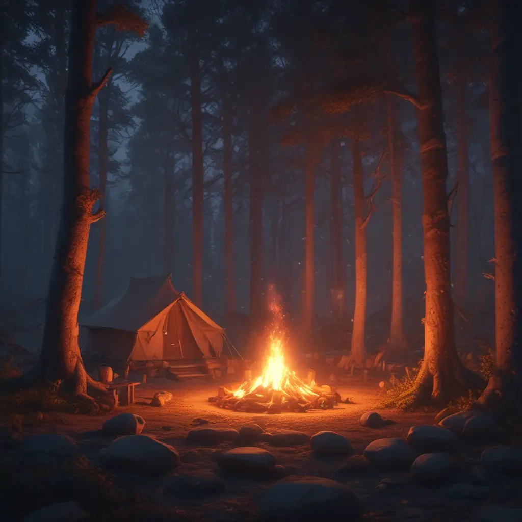 A highly detailed matte painting of a camp fire in the forest at night by studio ghibli, 4k resolution, Masterpiece, Trending on Artstation, Cyberpunk, Octane Render, Volumetric Lighting