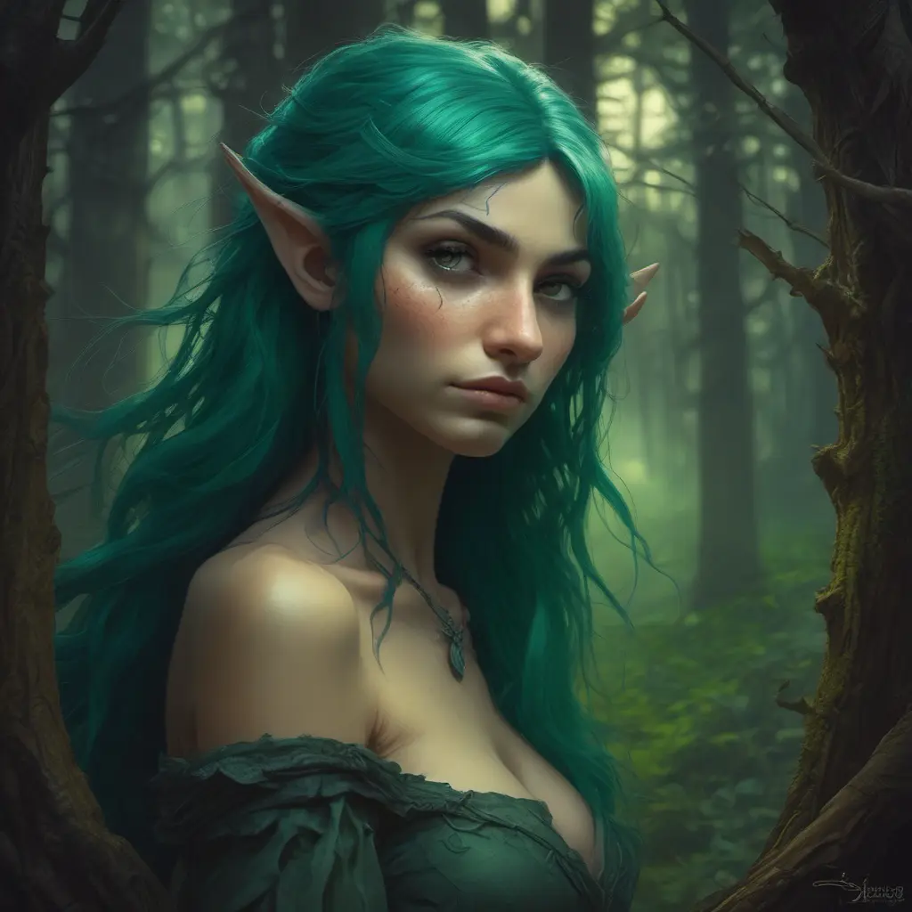 Green haired half-elf in a haunted forest, Highly Detailed, Intricate, Gothic, Volumetric Lighting, Fantasy, Dark by Stanley Artgerm Lau