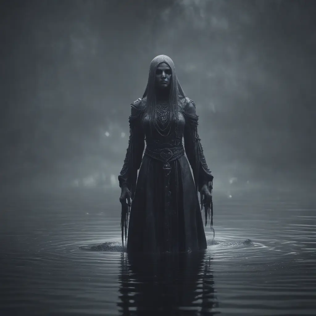 The frightening La Yorona with black eyes on her shoulder stands in a dark lake. Mist. Rain., 8k, HD, Gothic and Fantasy, Trending on Artstation, Sci-Fi, Soft Lighting