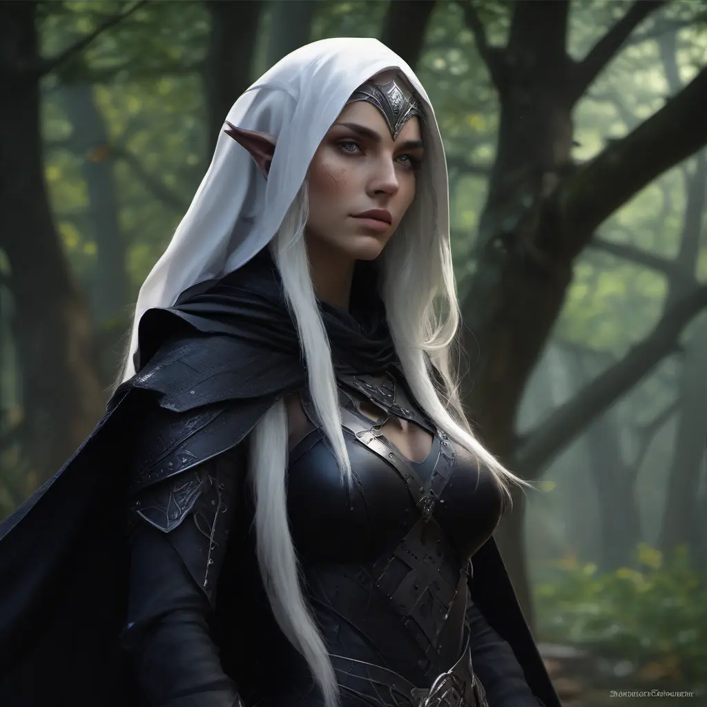 Dungeons and dragons forest elf character full body portrait, white skin, dark gothic black armor, wearing a black veil, dramatic light, dungeon background, 8k, Gothic and Fantasy, Elden Ring, Photo Realistic, Dynamic Lighting by Stanley Artgerm Lau, Greg Rutkowski