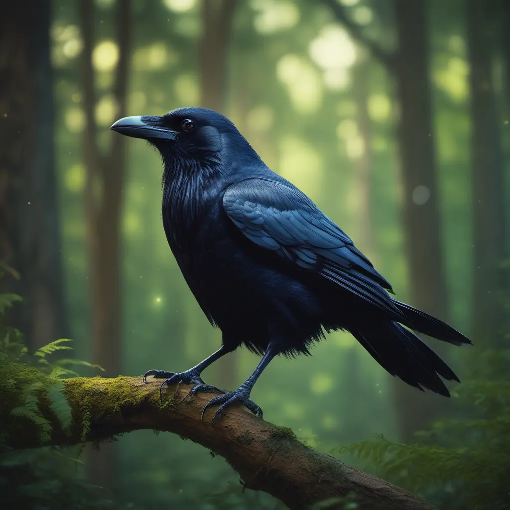 Raven in a green magical forest, Highly Detailed, Bokeh effect, Sharp Focus, Volumetric Lighting, Fantasy by Greg Rutkowski