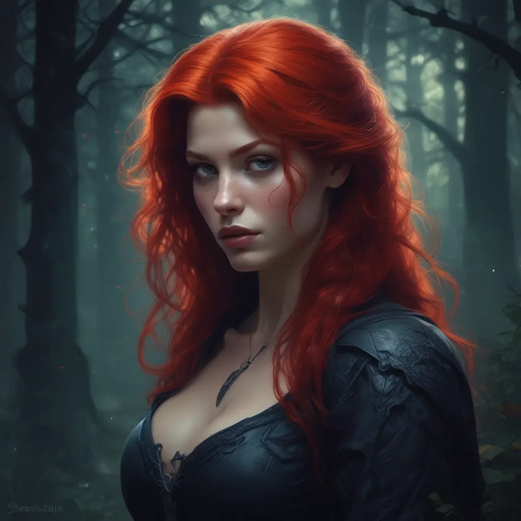 Red haired vampire in a haunted forest, Highly Detailed, Intricate, Gothic, Volumetric Lighting, Fantasy, Dark by Stanley Artgerm Lau