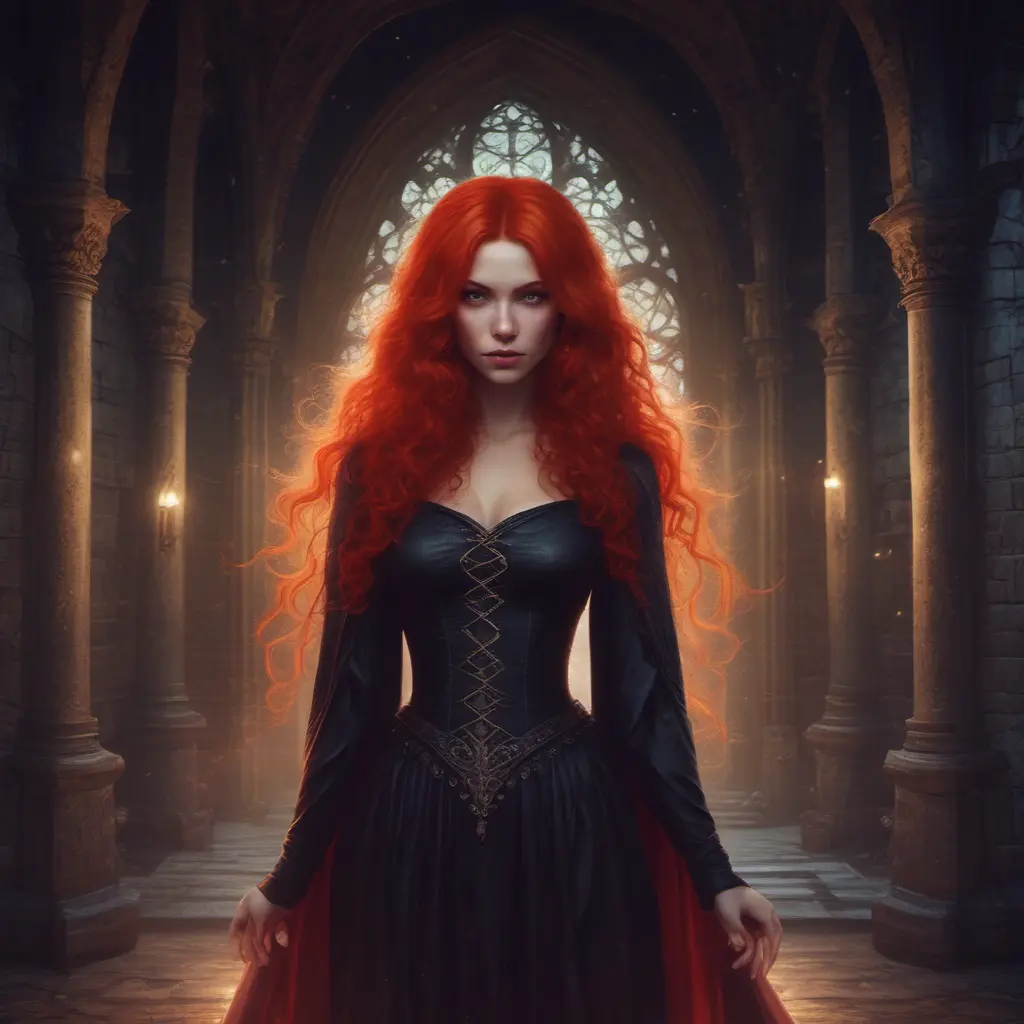 Red headed witch with shimmering hair and magical aura in a haunted castle, Gothic and Fantasy