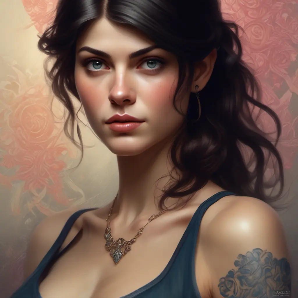 Matte portrait of Alexandra Daddario with tattoos, 8k, Highly Detailed, Powerful, Alluring, Artstation, Magical, Digital Painting, Photo Realistic, Sharp Focus, Volumetric Lighting, Concept Art by Stanley Artgerm Lau, Alphonse Mucha, Greg Rutkowski