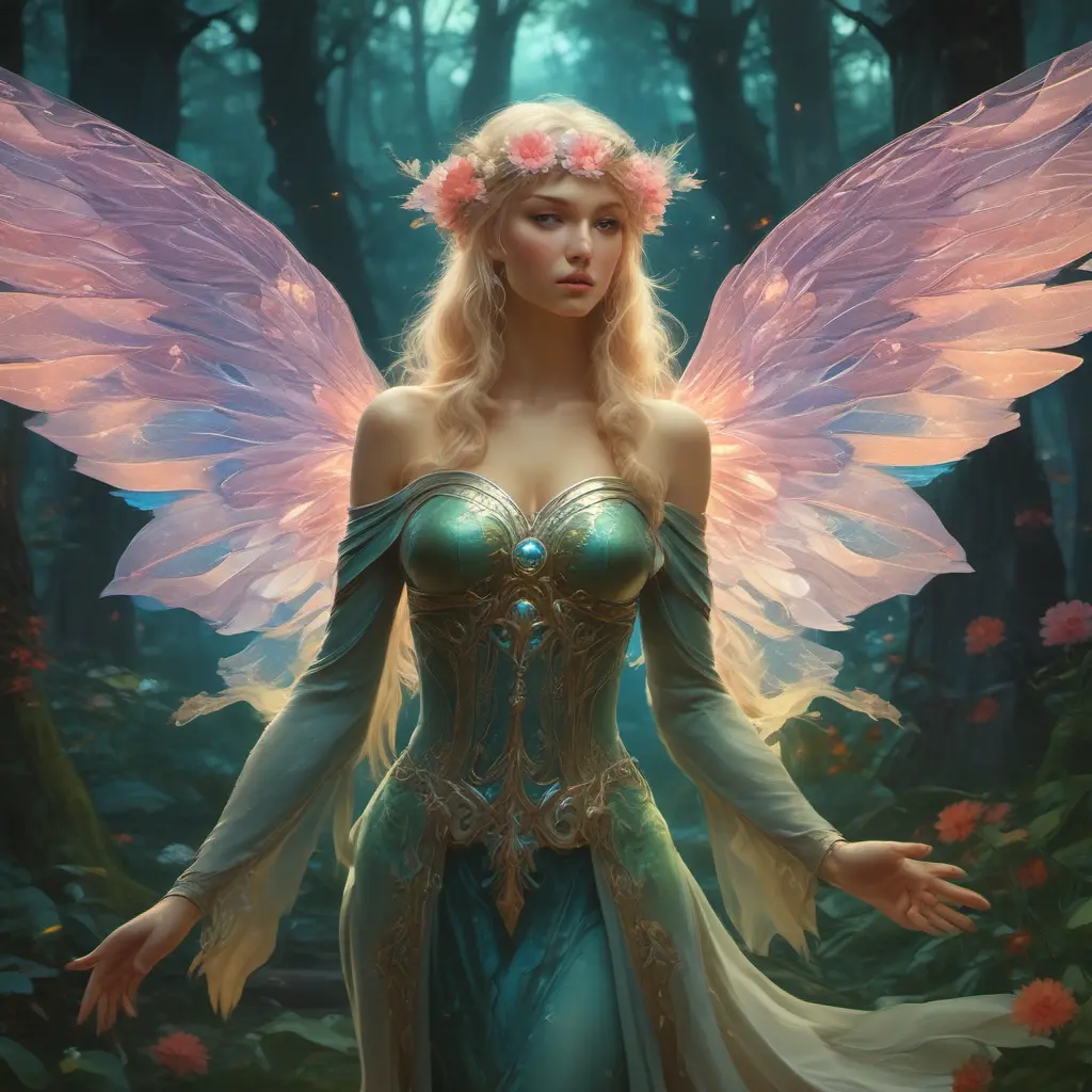 Beautiful elf in a magical forest, 4k, Highly Detailed, Hyper Detailed, Masterpiece, Full Body, Cosmic Nebulae, Full Lips, Pretty Face, Tattoos, Wings, Digital Illustration, Bloom light effect, Cinematic Lighting, Realistic, Sharp Focus, Deviantart, Centered, Beautifully Lit, Bioluminescent, Radiant, Vibrant Colors by Stanley Artgerm Lau, Alphonse Mucha, Greg Rutkowski, Stefan Kostic