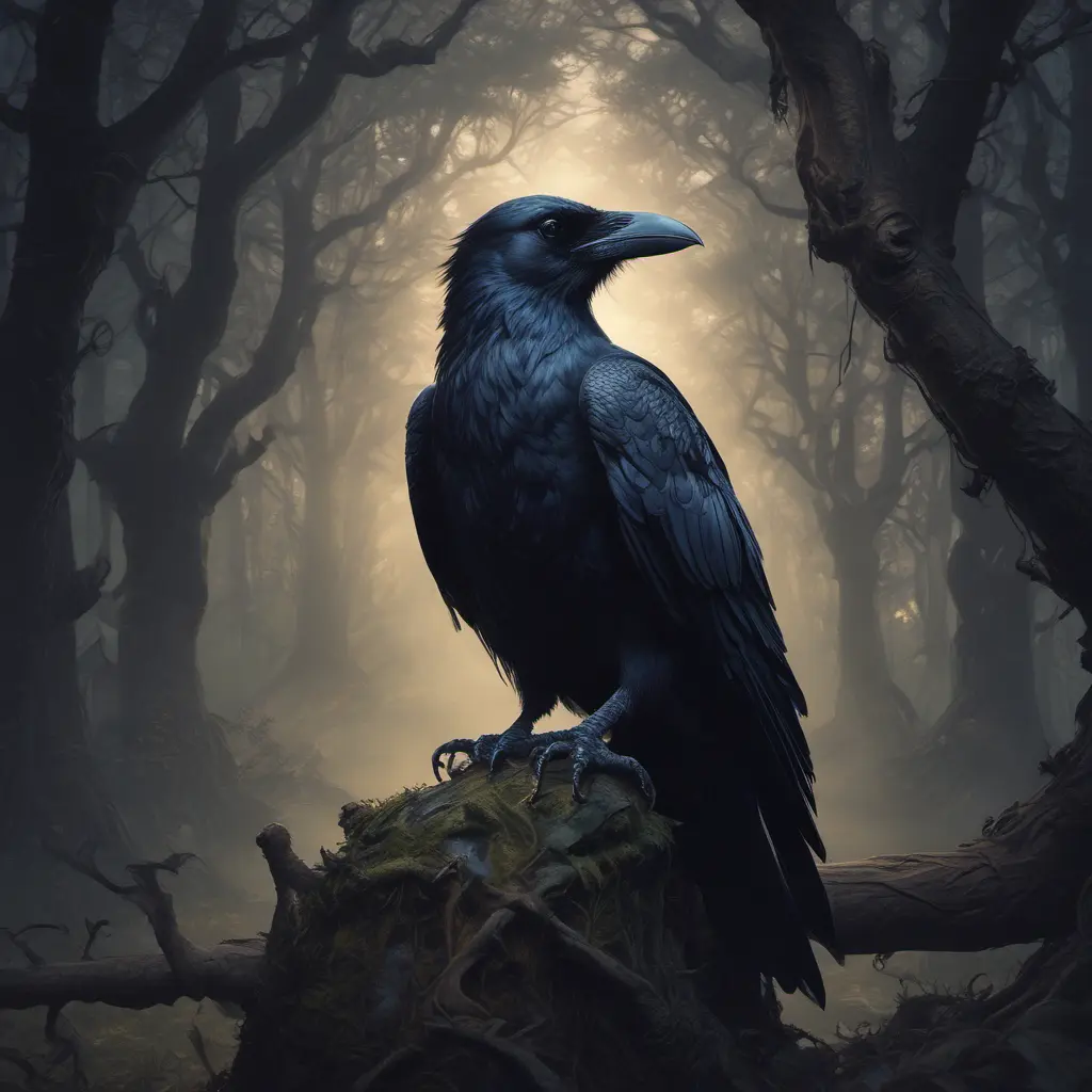 Raven in a haunted forest, Highly Detailed, Intricate, Gothic and Fantasy, Gothic, Volumetric Lighting, Fantasy, Dark by Stanley Artgerm Lau