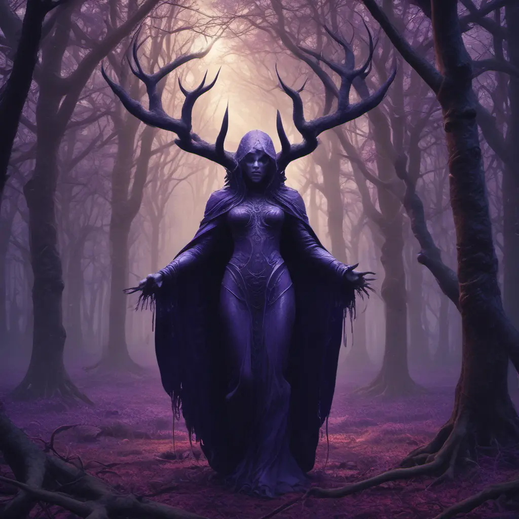 A mysterious witch cloaked with antlers in purple chaos energy, in a dark forest of salix trees, 8k, High Definition, Highly Detailed, Trending on Artstation, Darkwave, Epic, Isometric, Cinematic Lighting, Smooth, 3D Rendering, Octane Render, Vibrant Colors, Ominous by Stanley Artgerm Lau, Zdzislaw Beksinski, H. R. (Hans Ruedi) Giger