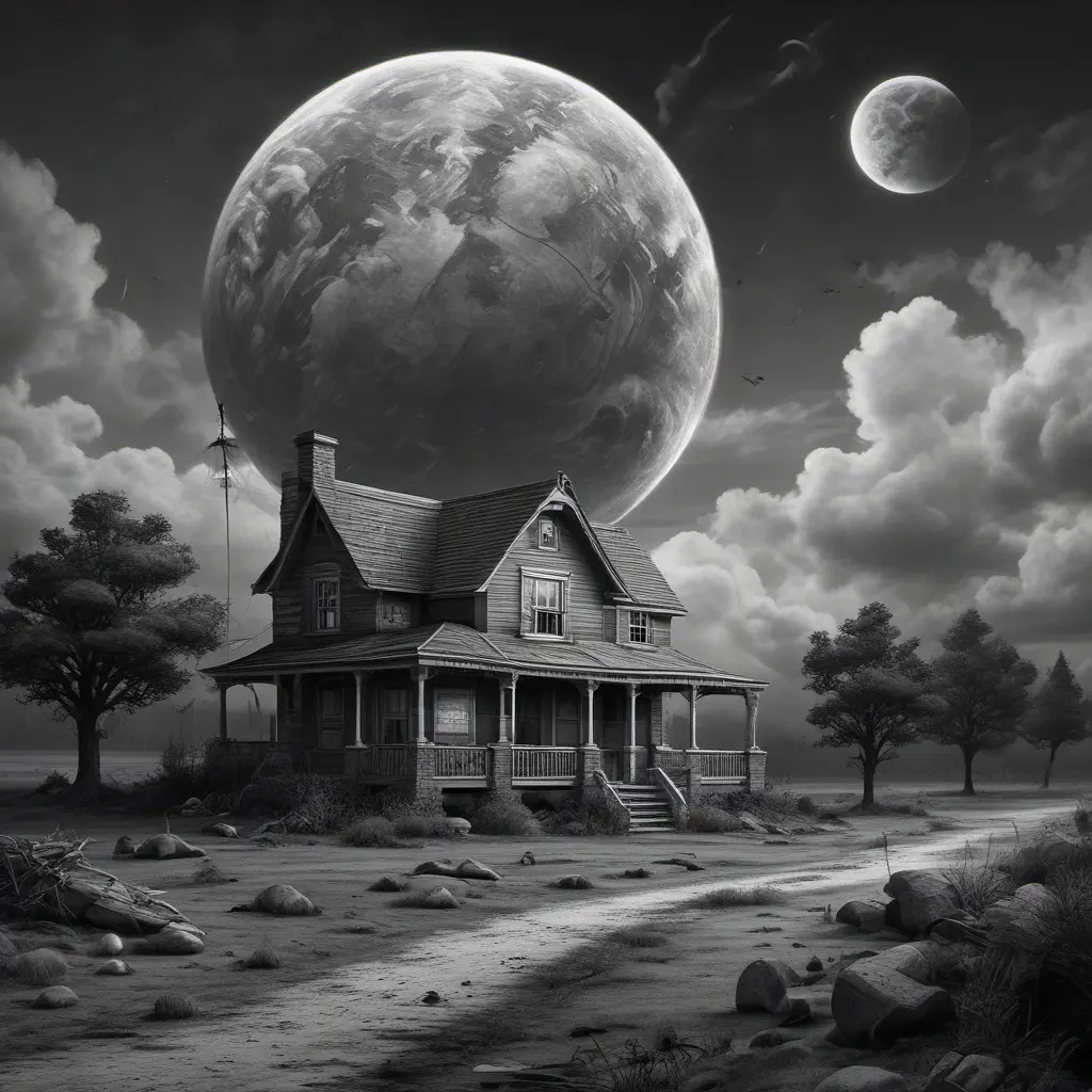 a realistic scene, an old home from the 1930's. The background is a planet that is on the edge of collapse. The skies are grey, the trees are barren. it is very depressing. a rocket ship is launching and leaving the earth, Sci-Fi, Fantasy, Dark