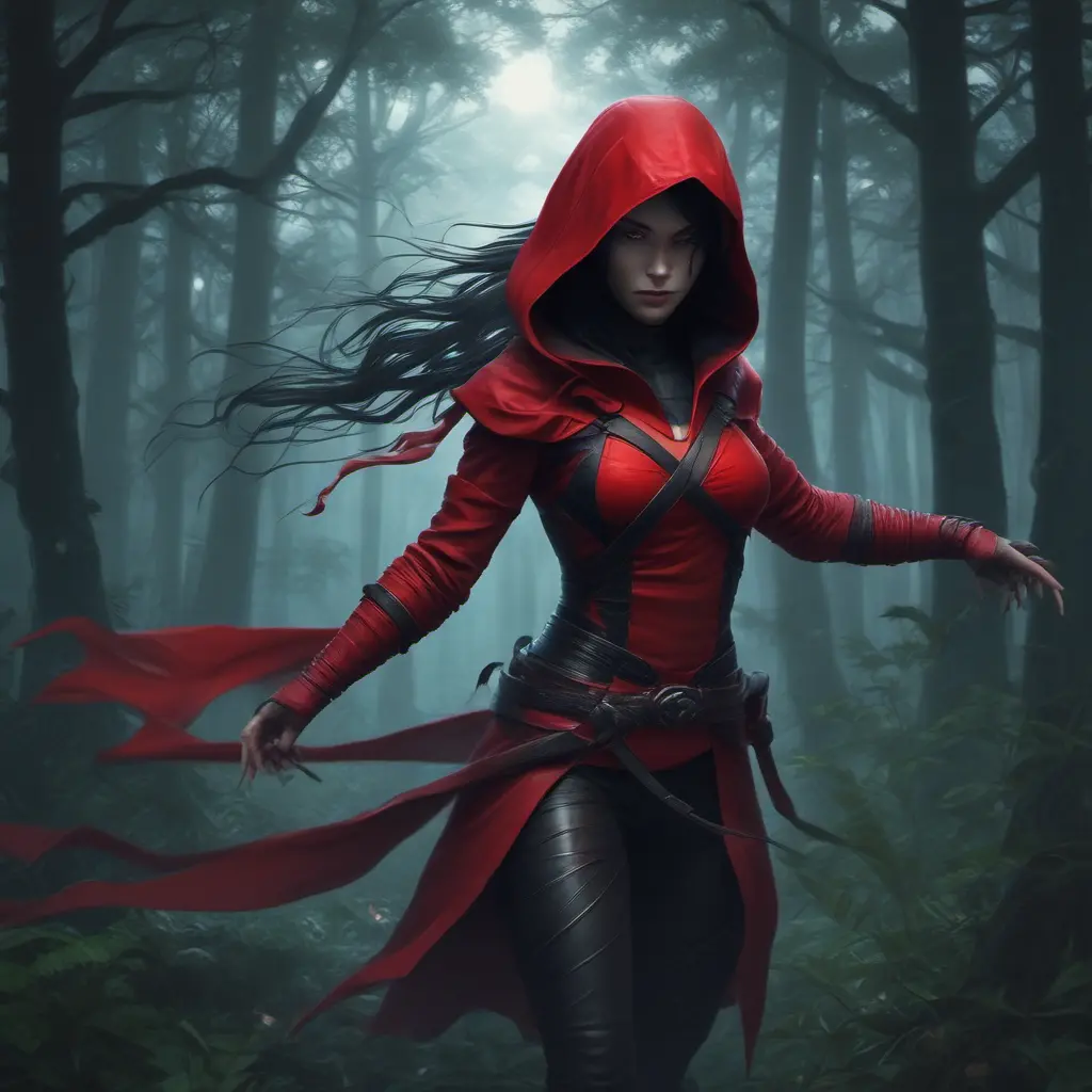 Red hooded female ninja in a haunted forest, Highly Detailed, Intricate, Gothic, Volumetric Lighting, Fantasy, Dark by Stanley Artgerm Lau