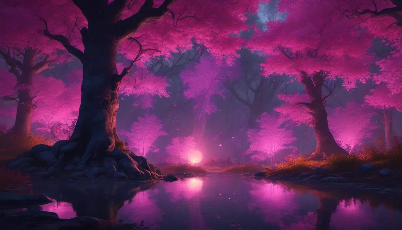 A magical pond in a fantasy forest with glowing pink trees at night, 4k, HQ, Intricate, Masterpiece, Artstation, Cinematic Lighting, Photo Realistic, Sharp Focus, Unreal Engine, Dark