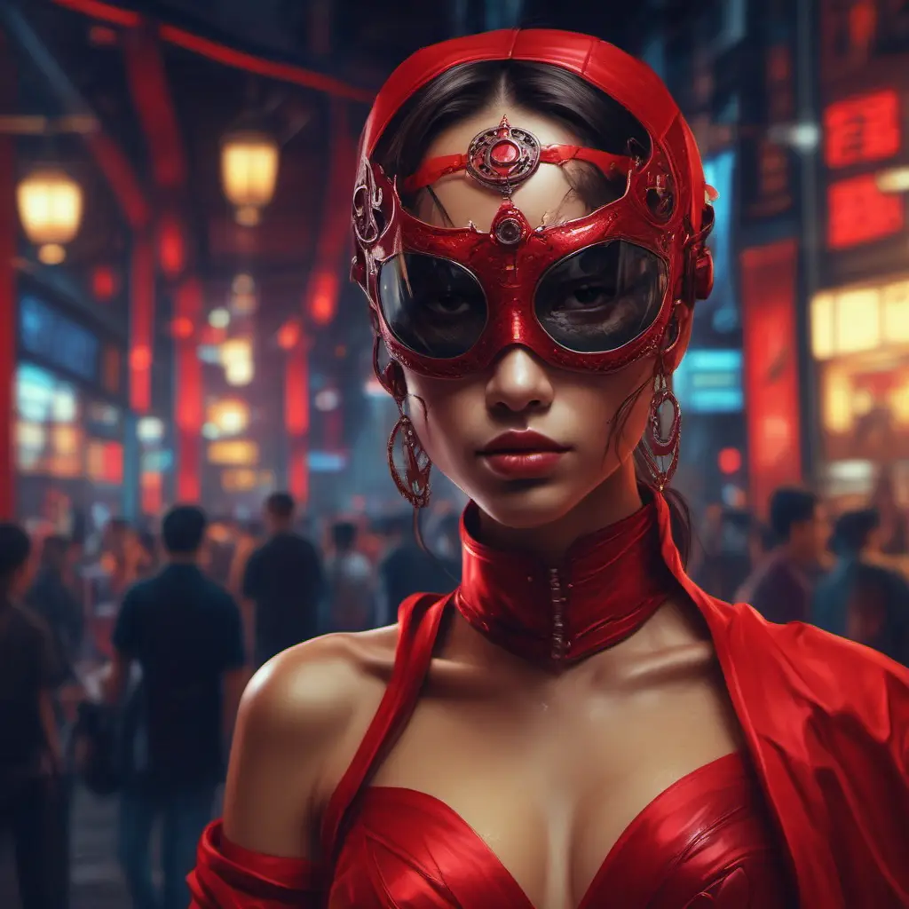 Asian cyberpunk feme fatale in expensive red dress with mask at a masquerade ball smart but dangerous in a high-tech club., Oil on Canvas, Photo Realistic