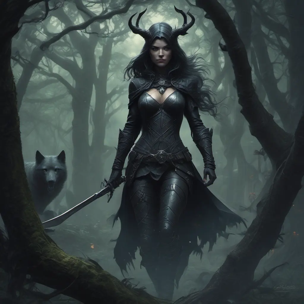 Huntress in a haunted forest, Highly Detailed, Intricate, Gothic, Volumetric Lighting, Fantasy, Dark by Stanley Artgerm Lau