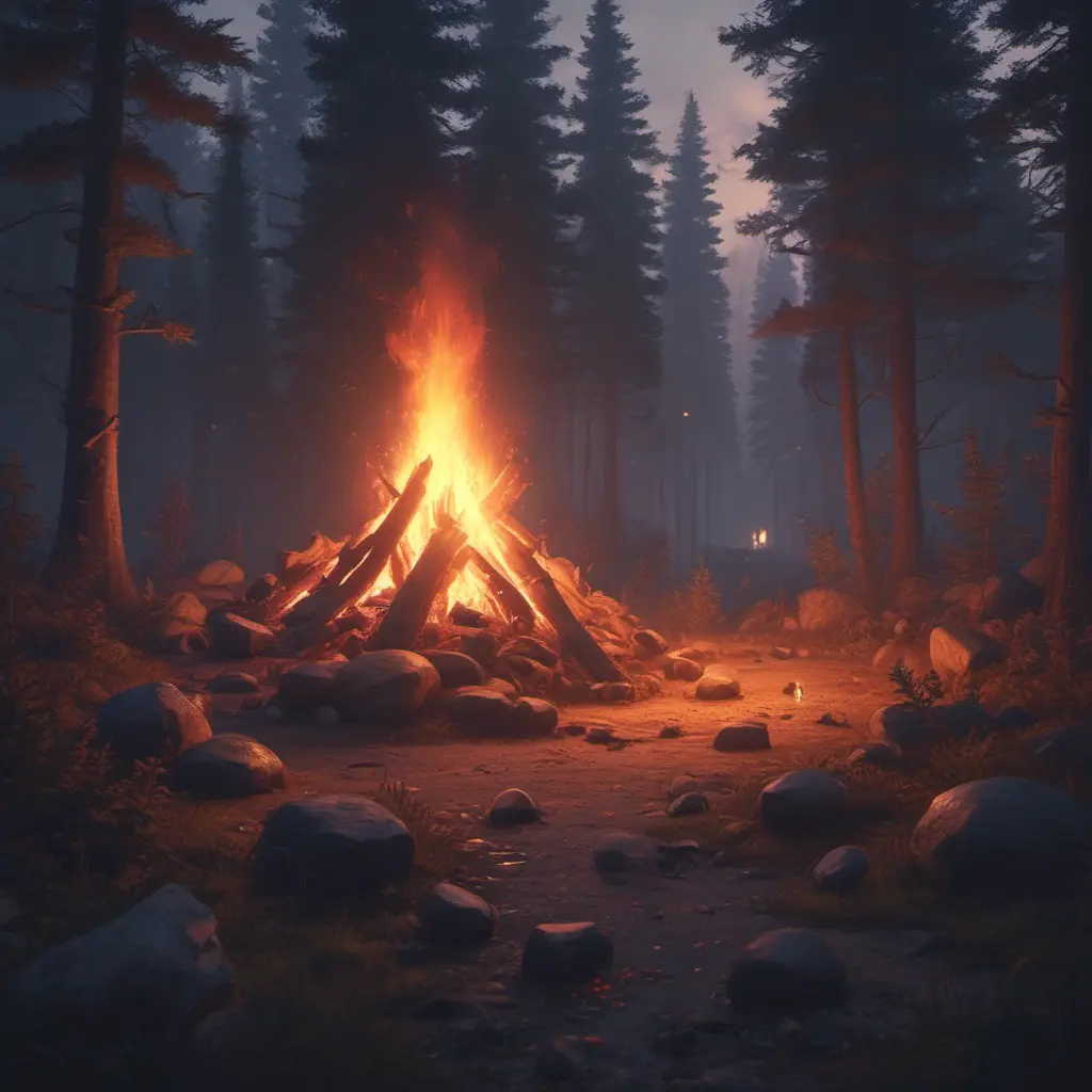 A highly detailed matte painting of a camp fire in the forest at night by studio ghibli, 4k resolution, Masterpiece, Trending on Artstation, Cyberpunk, Octane Render, Volumetric Lighting