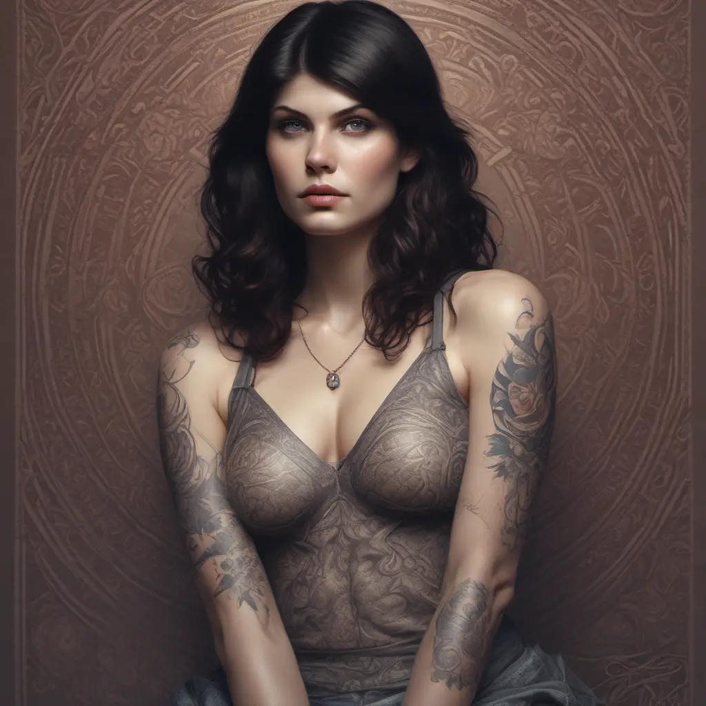 Matte portrait of Alexandra Daddario with tattoos, 8k, Highly Detailed, Powerful, Alluring, Artstation, Magical, Digital Painting, Photo Realistic, Sharp Focus, Volumetric Lighting, Concept Art by Stanley Artgerm Lau, Alphonse Mucha, Greg Rutkowski