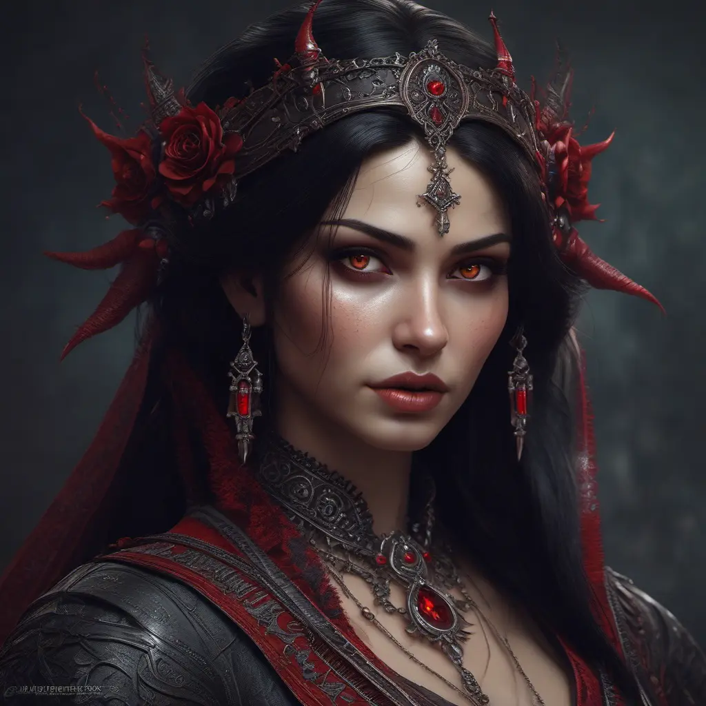 A beautiful romanian vampire woman with penetrating red bright eyes, long fangs, perfect face, 8k, Hyper Detailed, Intricate Details, Masterpiece, Contemporary, Full Body, Trending on Artstation, Gothic, Deviantart, Concept Art by Stefan Kostic