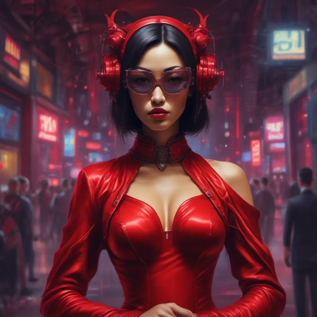 Asian cyberpunk feme fatale in expensive red dress with mask at a masquerade ball smart but dangerous in a high-tech club., Oil on Canvas, Photo Realistic