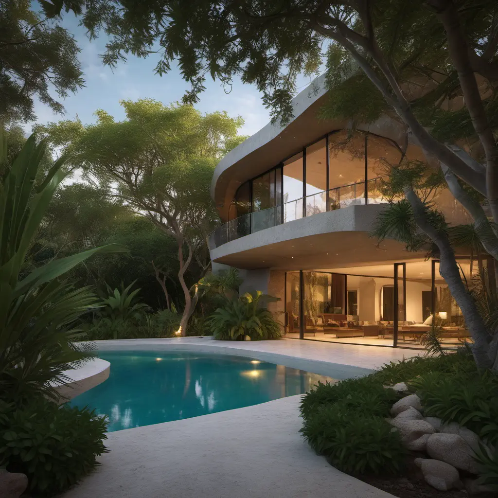 Envision a Zaha Hadid-styled, environmentally-conscious villa nestled within the bustling modern architecture of Tulum, Quintana Roo. As you approach from the entrance, the street view reveals a facade adorned with a vertical bamboo lattice, gracefully contrasting with the stone finish. Large overhangs hint at the interior's coolness, and the surrounding trees whisper tales of nature's embrace, Award-Winning, Intricate Details