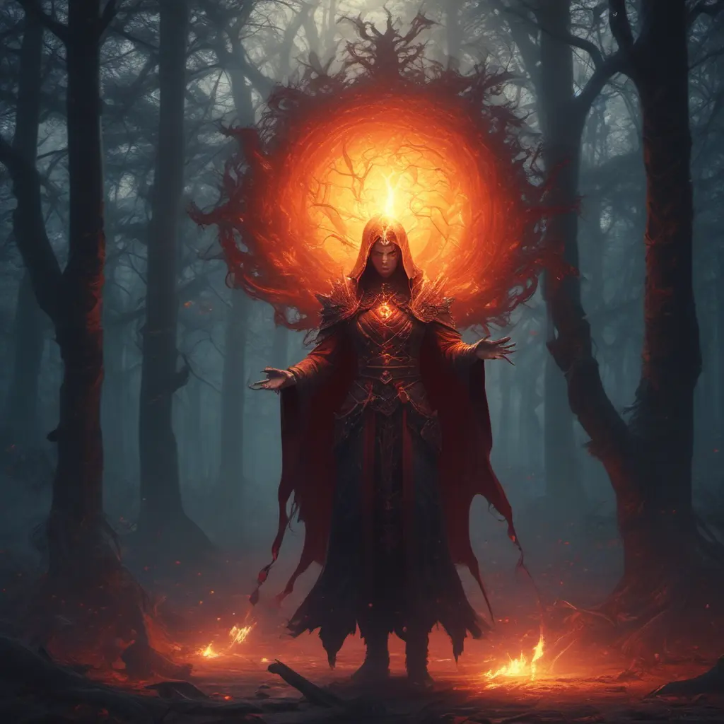 Fire mage in a haunted forest, Highly Detailed, Intricate, Gothic and Fantasy, Gothic, Volumetric Lighting, Fantasy, Dark by Stanley Artgerm Lau