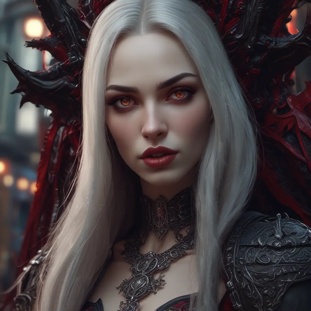 A beautiful romanian vampire woman with penetrating red bright eyes, long fangs, perfect face, 8k, Hyper Detailed, Intricate Details, Masterpiece, Contemporary, Full Body, Trending on Artstation, Gothic, Deviantart, Concept Art by Stefan Kostic