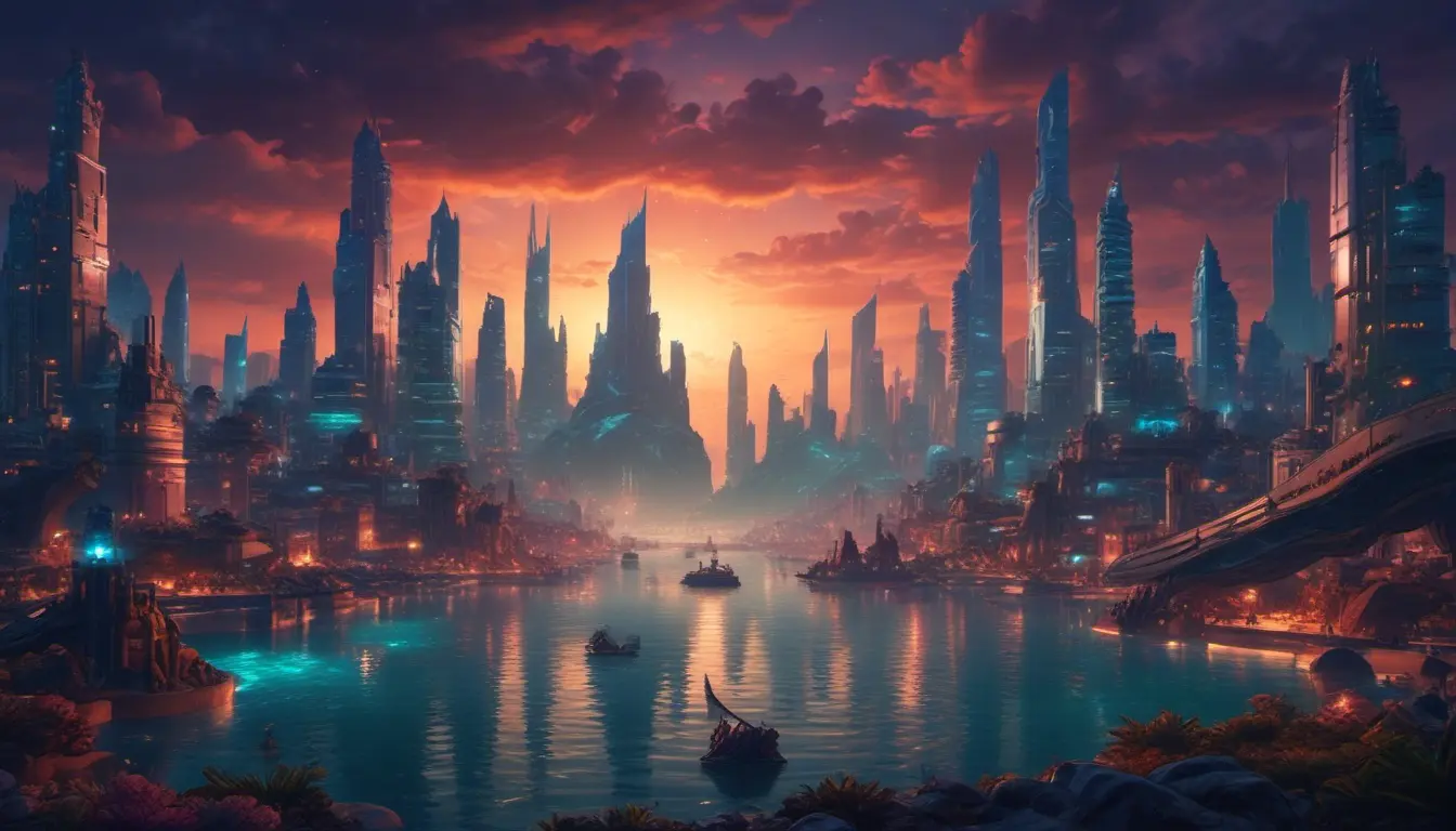 Matte portrait of a futuristic undewater city of Atlantis, Highly Detailed, Stunning, Realistic, Octane Render, Unreal Engine, Volumetric Lighting, Vibrant Colors