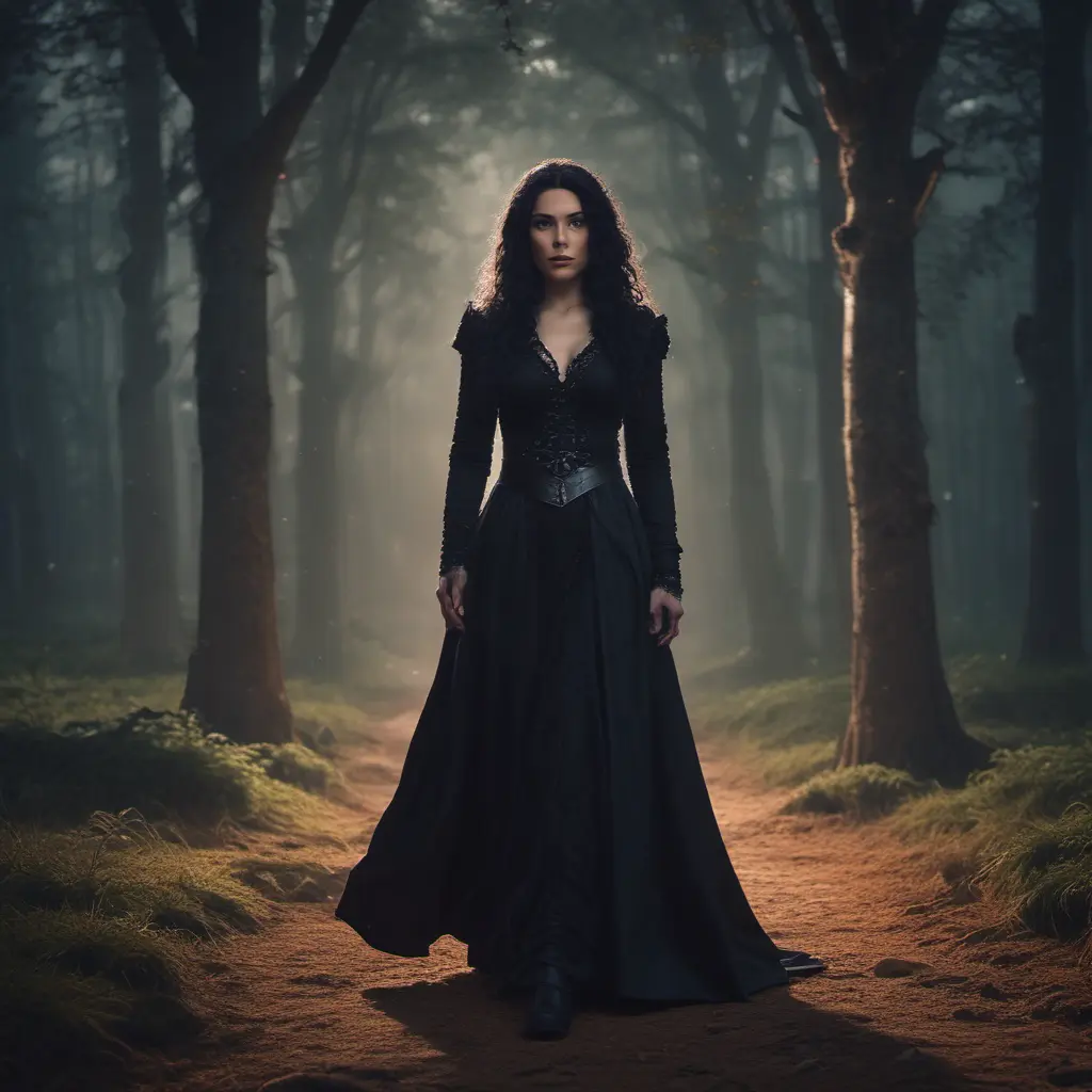 Annalena Baerbock as yennefer of vengerberg, tight dress, Intricate Details, Gothic and Fantasy, Volumetric Lighting