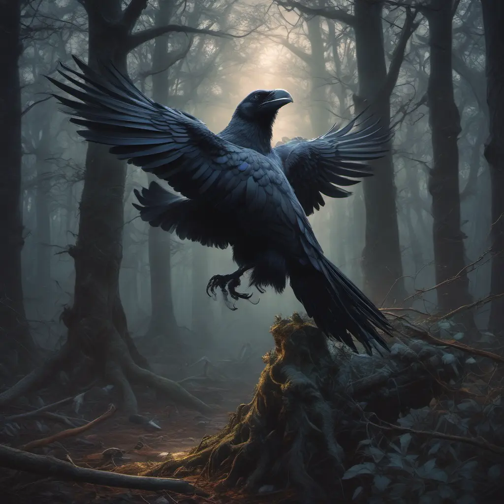 Raven in a haunted forest, Highly Detailed, Intricate, Gothic and Fantasy, Gothic, Volumetric Lighting, Fantasy, Dark by Stanley Artgerm Lau