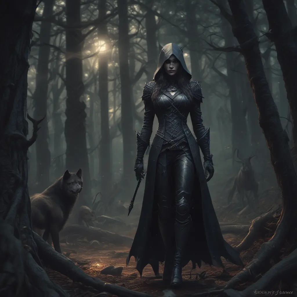 Huntress in a haunted forest, Highly Detailed, Intricate, Gothic, Volumetric Lighting, Fantasy, Dark by Stanley Artgerm Lau