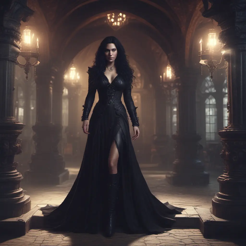 Annalena Baerbock as yennefer of vengerberg, tight dress, Intricate Details, Gothic and Fantasy, Volumetric Lighting