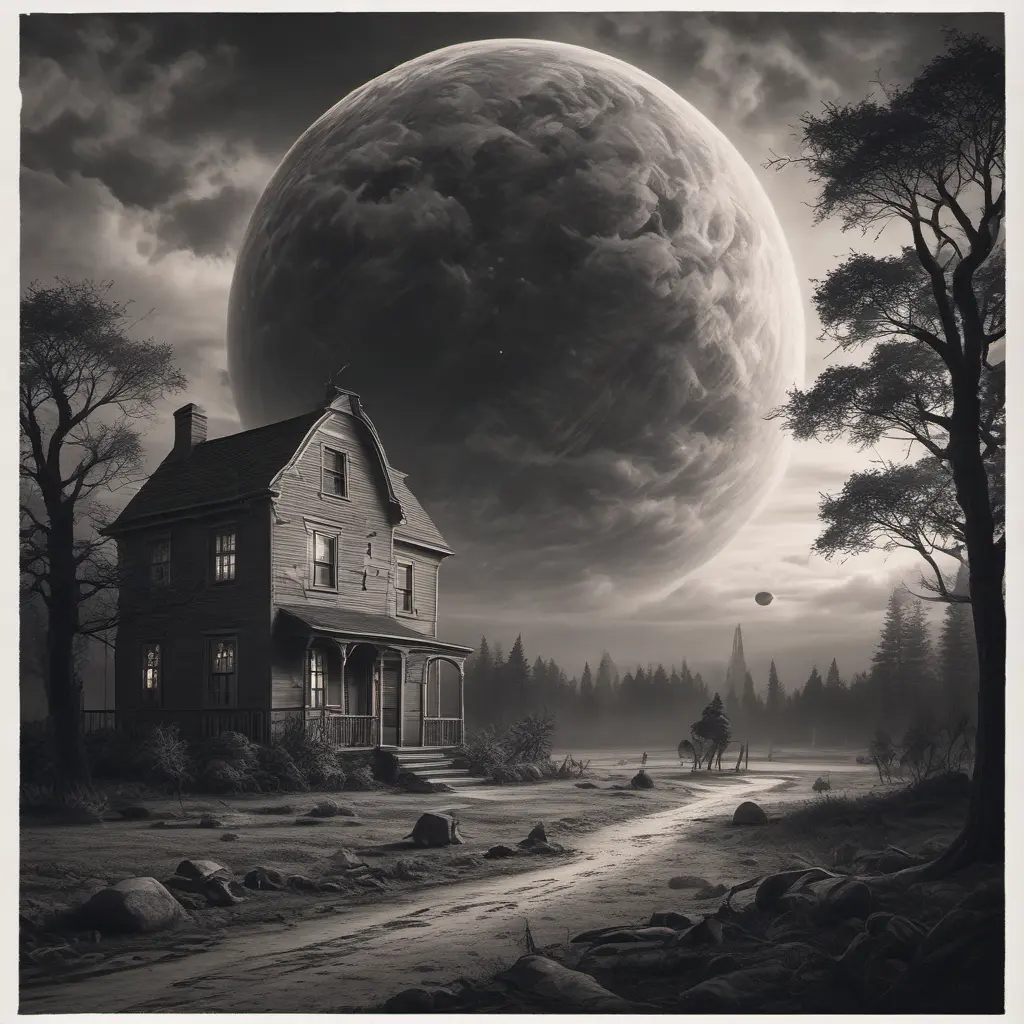 a realistic scene, an old home from the 1930's. The background is a planet that is on the edge of collapse. The skies are grey, the trees are barren. it is very depressing. a rocket ship is launching and leaving the earth, Sci-Fi, Fantasy, Dark