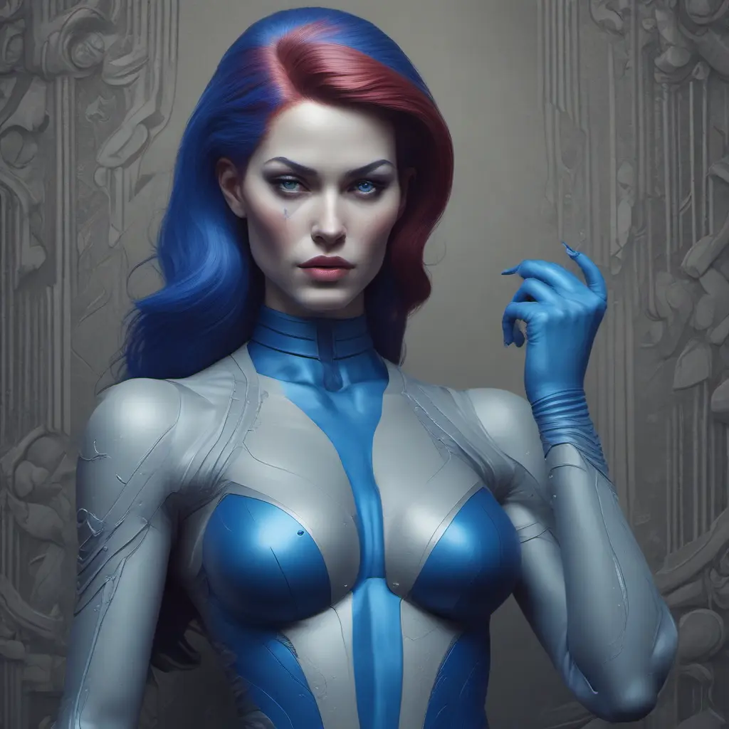 Alluring matte portrait of a beautiful Mystique from Xmen in the style of Stefan Kostic, 8k, Highly Detailed, Intricate, Half Body, Realistic, Sharp Focus, Volumetric Lighting, Fantasy, Elegant by Stanley Artgerm Lau, Greg Rutkowski