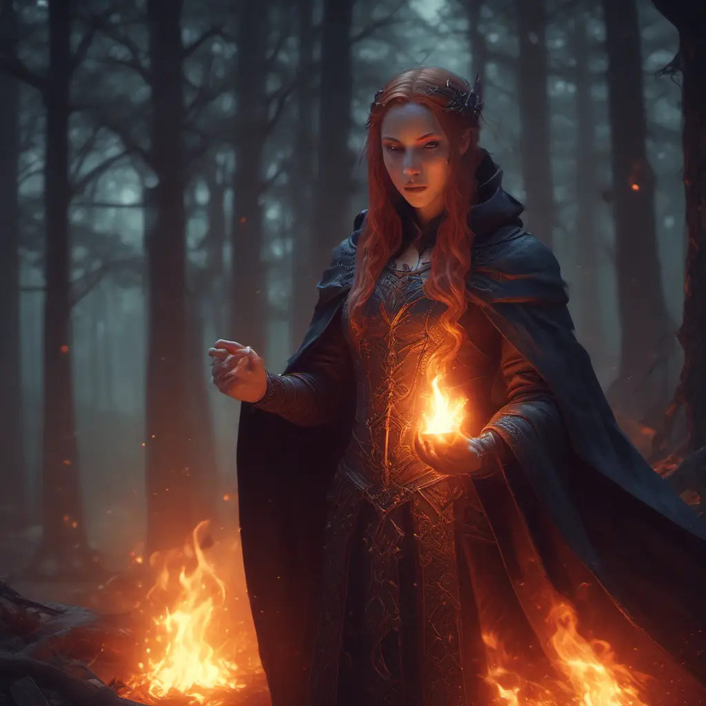 Fire mage in a haunted forest, Highly Detailed, Intricate, Gothic and Fantasy, Gothic, Volumetric Lighting, Fantasy, Dark by Stanley Artgerm Lau