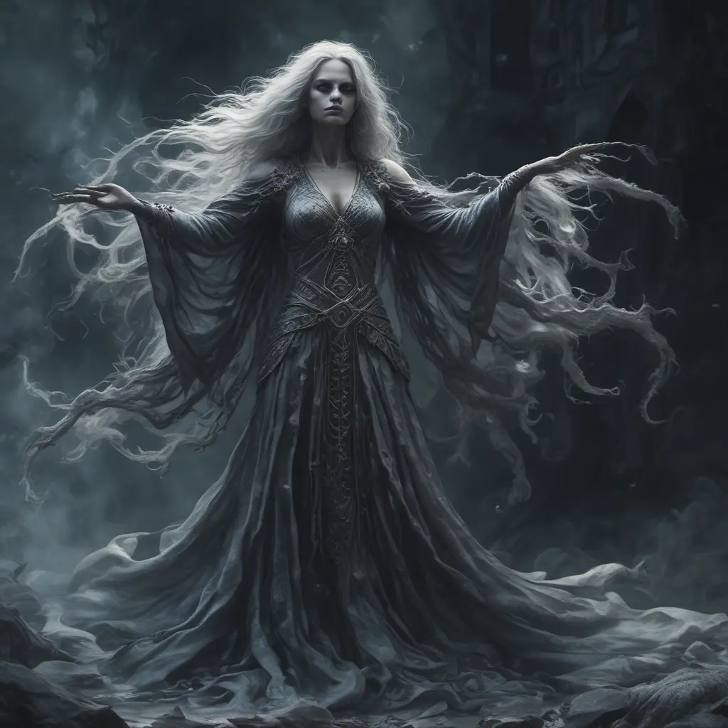 Ghostly rotting dead evil undead siren, graceful, flowing robes, wispy, glowing dark eyes, darkness, 8k, Gothic and Fantasy, Beautiful, Sci-Fi, Photo Realistic