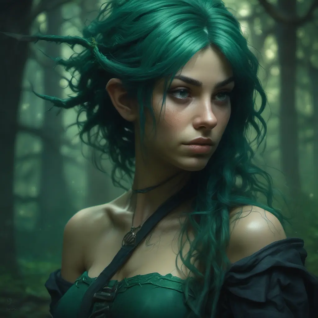 Green haired half-elf in a haunted forest, Highly Detailed, Intricate, Gothic, Volumetric Lighting, Fantasy, Dark by Stanley Artgerm Lau