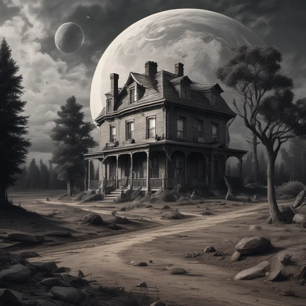 a realistic scene, an old home from the 1930's. The background is a planet that is on the edge of collapse. The skies are grey, the trees are barren. it is very depressing. a rocket ship is launching and leaving the earth, Sci-Fi, Fantasy, Dark