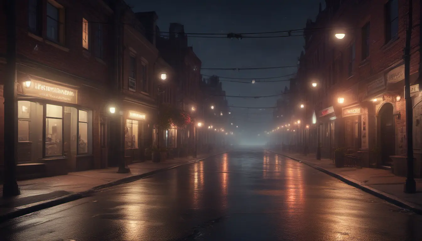 An eerie street at night of a mystical creepy road, cinematic view, 8k, Award-Winning, Highly Detailed, Beautiful, Epic, Octane Render, Unreal Engine, Radiant, Volumetric Lighting by James Gurney, Greg Rutkowski